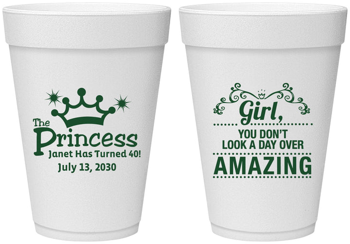 Personalized Birthday 16 oz Foam Cups - 40th Princess | 20152