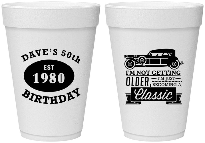 Personalized Birthday 16 oz Foam Cups - 50th Classic Car | 20156