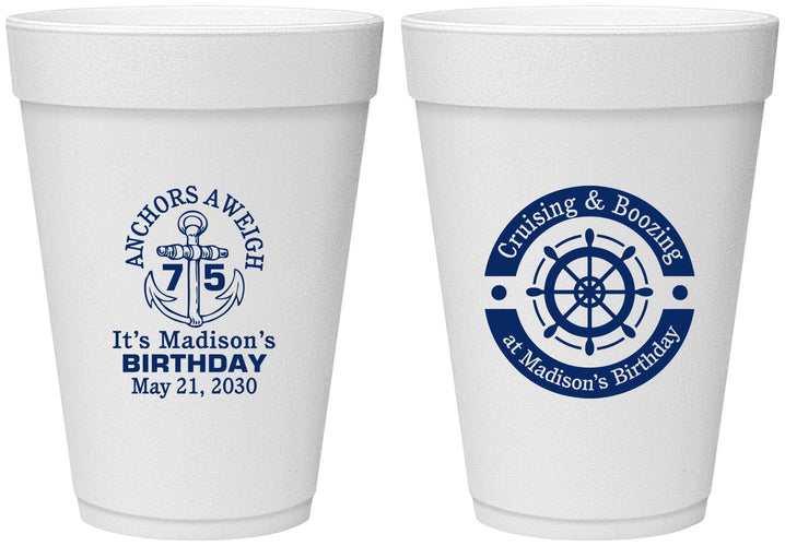 Personalized Birthday 16 oz Foam Cups - 75th Nautical | 20178