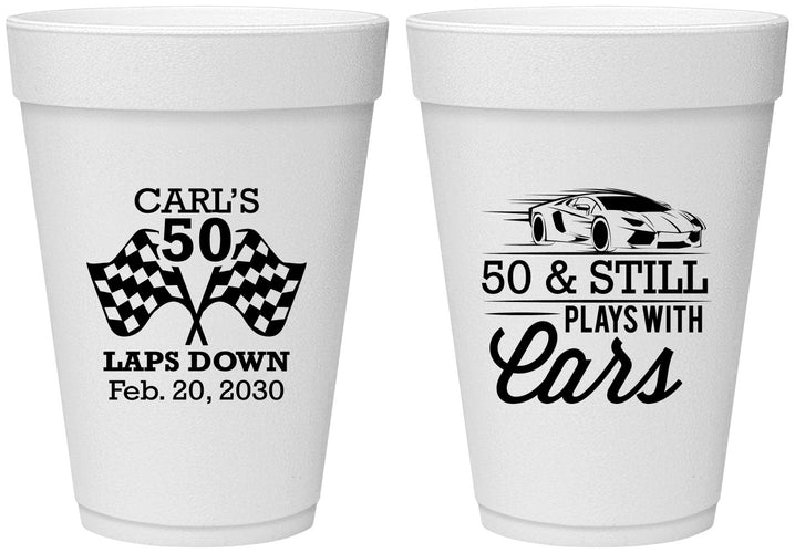 Personalized Birthday 16 oz Foam Cups - 50th Race Car | 20187