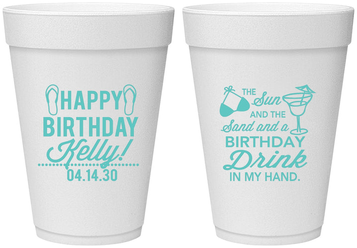 Personalized Birthday 16 oz Foam Cups - Sun Sand Drink Hand | 20202