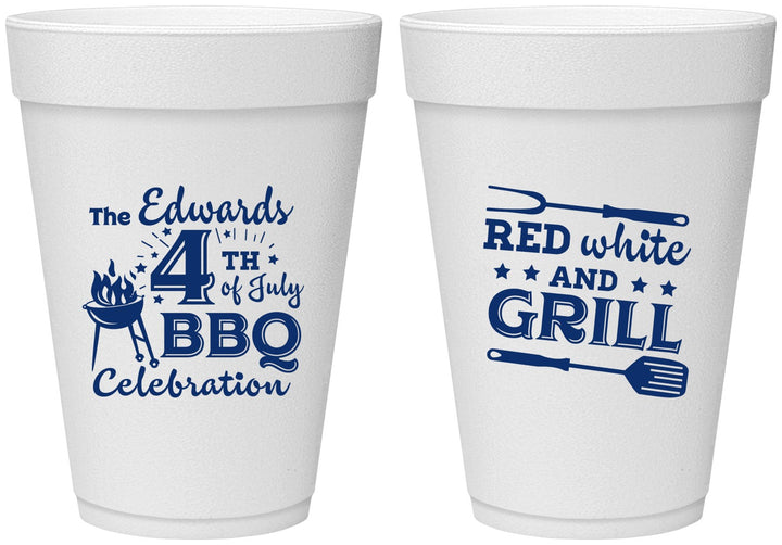 Personalized 4th Of July 16 oz Foam Cups - Red White Grill | 220005