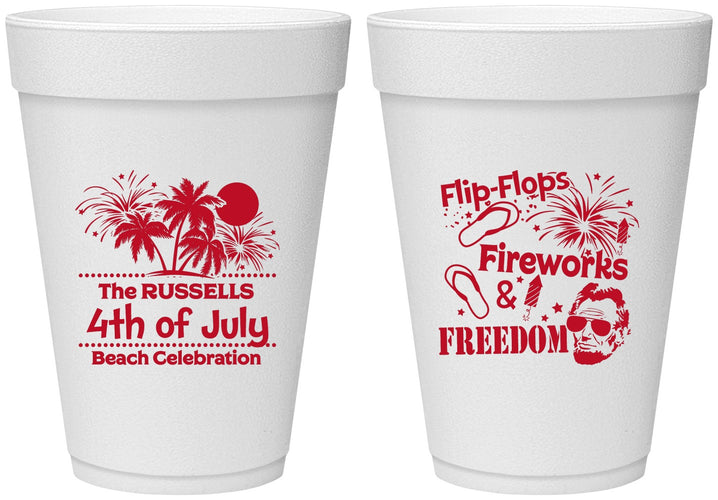 Personalized 4th Of July 16 oz Foam Cups - Fireworks Beach | 220026