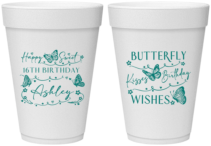 Personalized 16th Birthday 16 oz Foam Cups - Butterfly Wishes | 300001