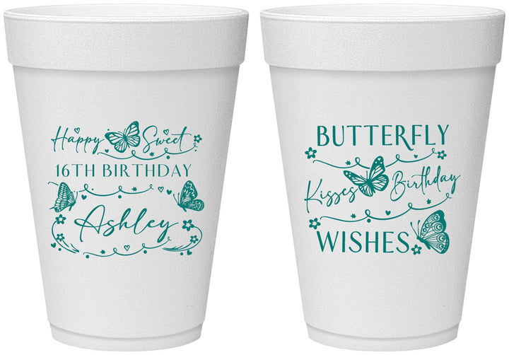 Personalized 16th Birthday 16 oz Foam Cups - Butterfly Wishes | 300001