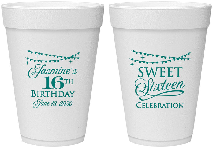 Personalized 16th Birthday 16 oz Foam Cups - String Lights | 300009