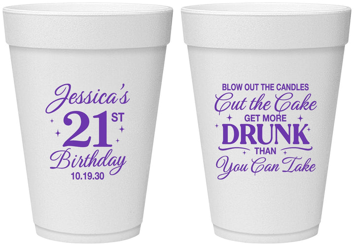Personalized 21st Birthday 16 oz Foam Cups - Candles Cake Drunk | 340010