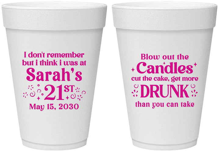 Personalized 21st Birthday 16 oz Foam Cups - Candles Cake Drunk | 340017