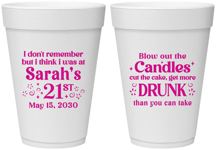 Personalized 21st Birthday 16 oz Foam Cups - Candles Cake Drunk | 340017