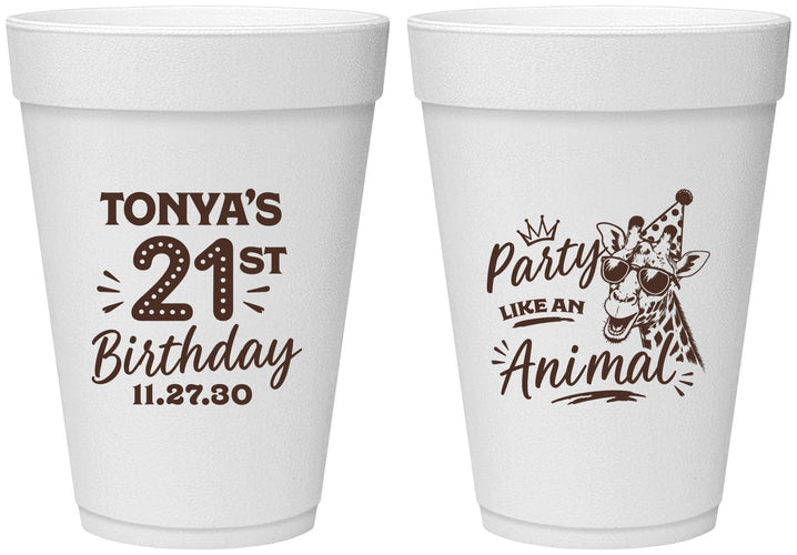 Personalized 21st Birthday 16 oz Foam Cups - Party Like An Animal Giraffe | 340022