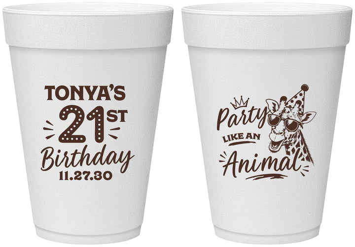 Personalized 21st Birthday 16 oz Foam Cups - Party Like An Animal Giraffe | 340022