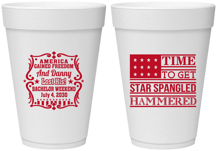 Personalized Bachelor Party 16 oz Foam Cups - Star Spangled Hammered | 40032