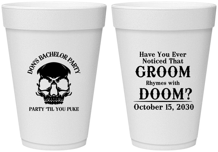 Personalized Bachelor Party 16 oz Foam Cups - Groom Doom Skull | 40041