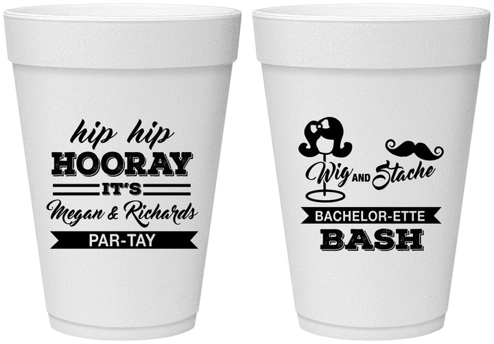 Personalized Bachelor Party 16 oz Foam Cups - Wig Or Stache | 40058