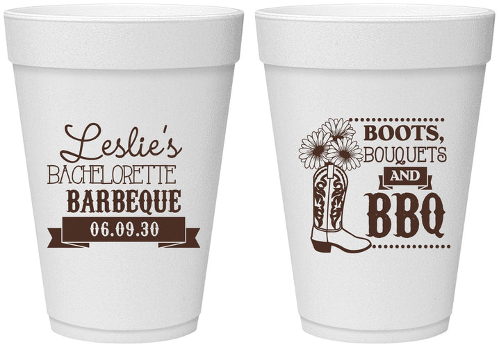 Personalized Bachelorette 16 oz Foam Cups - Boots Bouquets Bbq | 60035