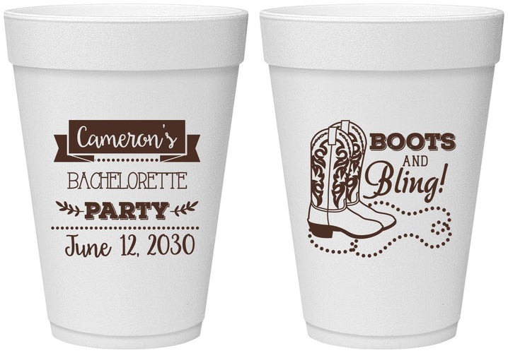 Personalized Bachelorette 16 oz Foam Cups - Boots And Bling | 60044