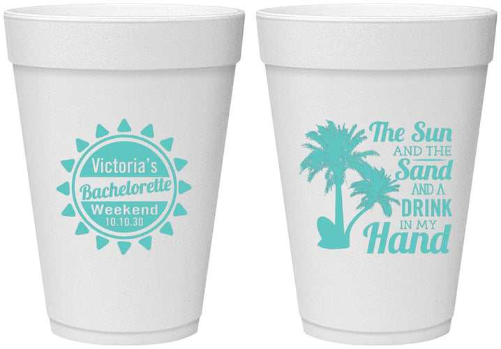 Personalized Bachelorette 16 oz Foam Cups - Sun Sand Drink Hand | 60114