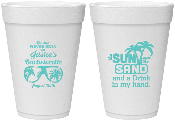 Personalized Bachelorette 16 oz Foam Cups - Sun Sand Drink Hand | 60134