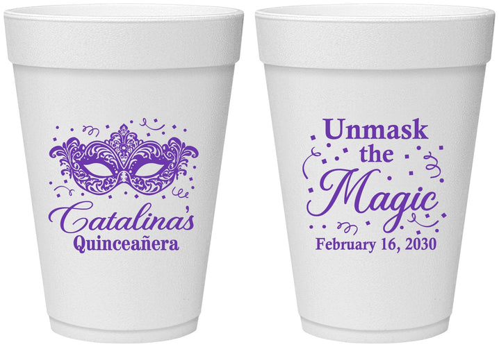 Personalized Quinceanera 16 oz Foam Cups - Mardi Gras Quince | 70010