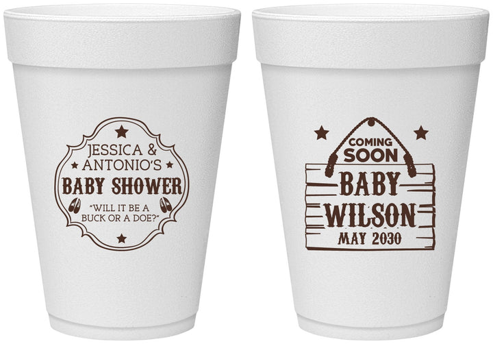 Personalized Baby Shower 16 oz Foam Cups - Gender Reveal Buck Or Doe | 90002