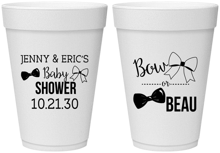 Personalized Baby Shower 16 oz Foam Cups - Gender Reveal Bow Or Beau | 90004
