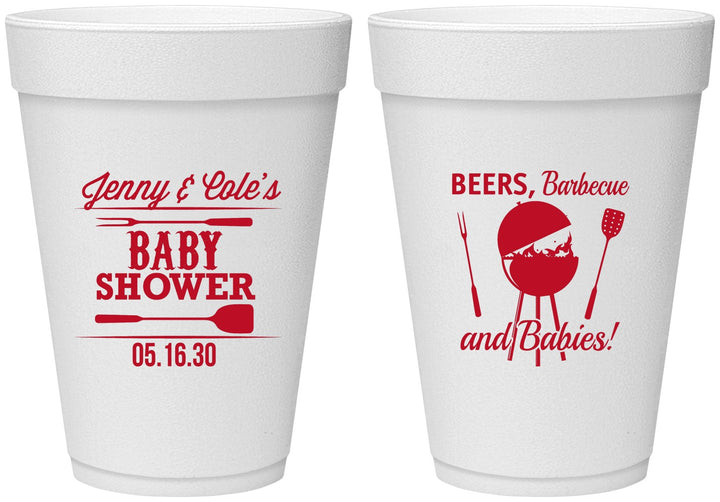 Personalized Baby Shower 16 oz Foam Cups - Beers Bbq Babies | 90006