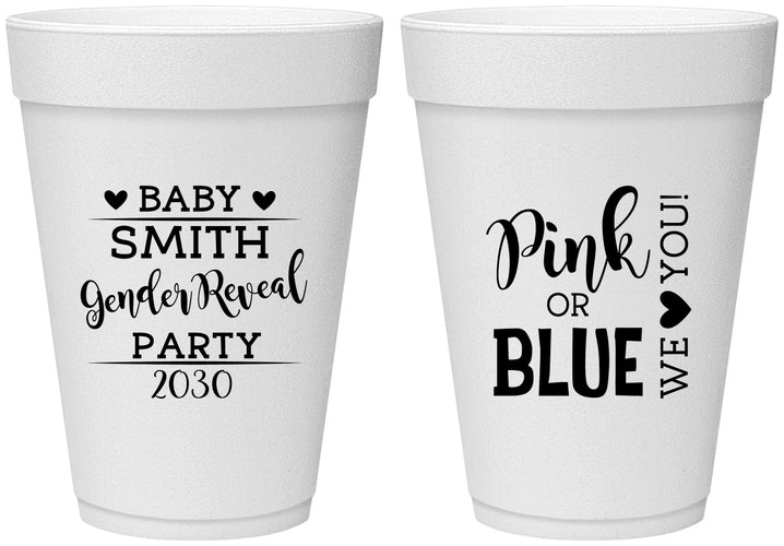 Personalized Baby Shower 16 oz Foam Cups - Gender Reveal Pink Or Blue | 90012