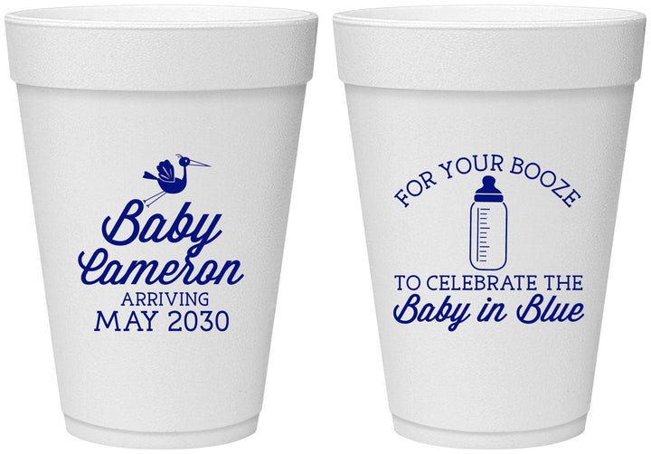 Personalized Baby Shower 16 oz Foam Cups - Booze Baby In Blue | 90015