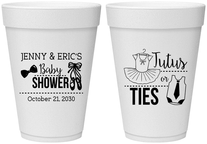 Personalized Baby Shower 16 oz Foam Cups - Gender Reveal Tutus Or Ties | 90033