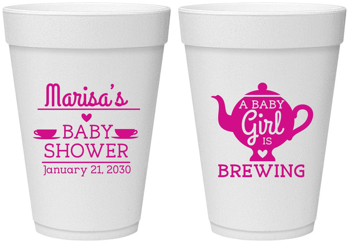 Personalized Baby Shower 16 oz Foam Cups - Baby Girl Is Brewing | 90034