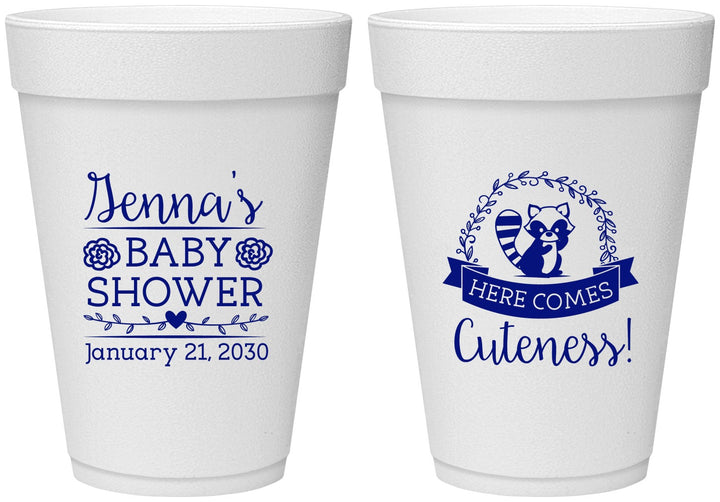 Personalized Baby Shower 16 oz Foam Cups - Racoon Cuteness | 90037