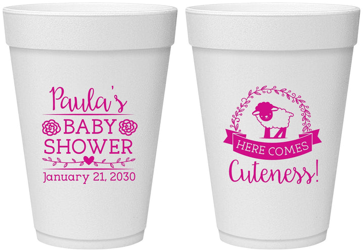 Personalized Baby Shower 16 oz Foam Cups - Lamb Cuteness | 90038