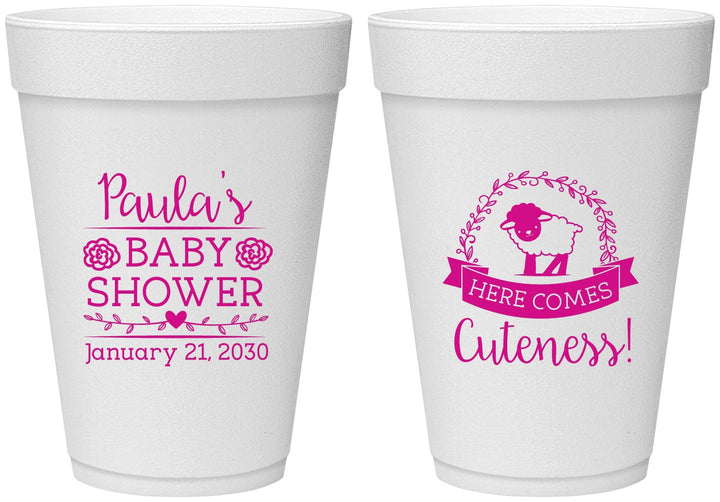 Personalized Baby Shower 16 oz Foam Cups - Lamb Cuteness | 90038