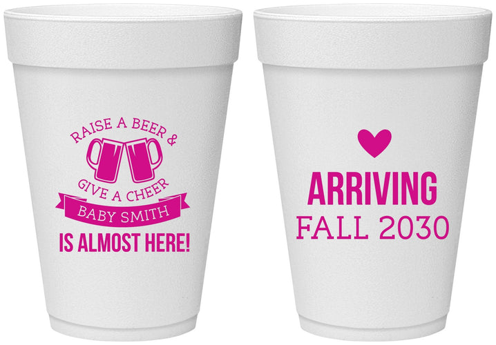 Personalized Baby Shower 16 oz Foam Cups - Raise A Beer | 90049