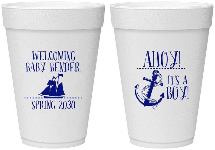 Personalized Baby Shower 16 oz Foam Cups - Nautical Ahoy It’s A Boy | 90055