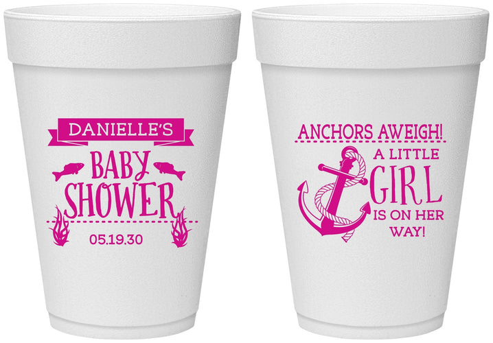 Personalized Baby Shower 16 oz Foam Cups - Anchors Aweigh Little Girl | 90056