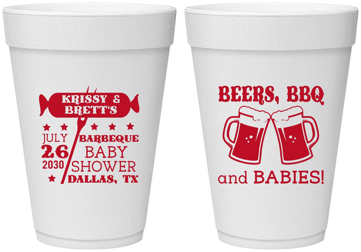 Personalized Baby Shower 16 oz Foam Cups - Beers Bbq Babies | 90060
