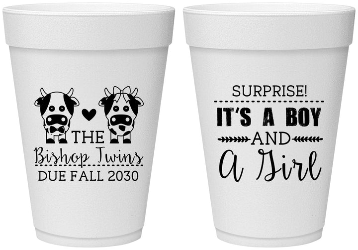 Personalized Baby Shower 16 oz Foam Cups - Twins Baby Cows | 90067