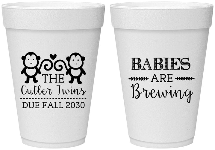 Personalized Baby Shower 16 oz Foam Cups - Twins Baby Monkeys | 90068
