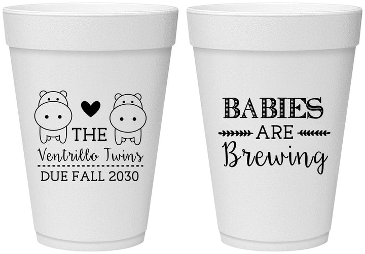Personalized Baby Shower 16 oz Foam Cups - Twins Baby Hippos | 90069