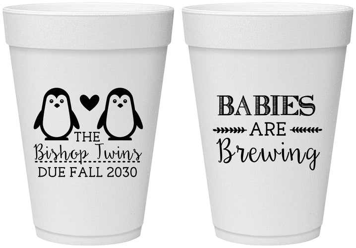 Personalized Baby Shower 16 oz Foam Cups - Twins Baby Penguins | 90070
