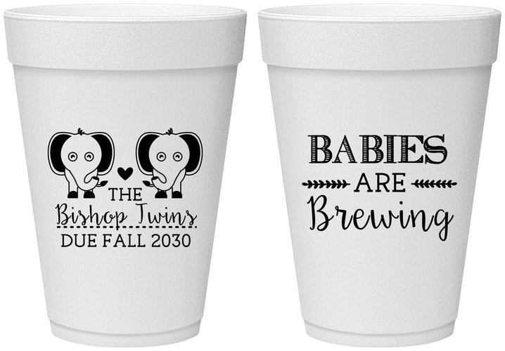 Personalized Baby Shower 16 oz Foam Cups - Twins Baby Elephant | 90071