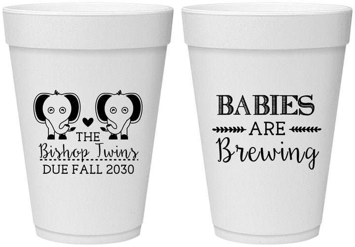 Personalized Baby Shower 16 oz Foam Cups - Twins Baby Elephant | 90071