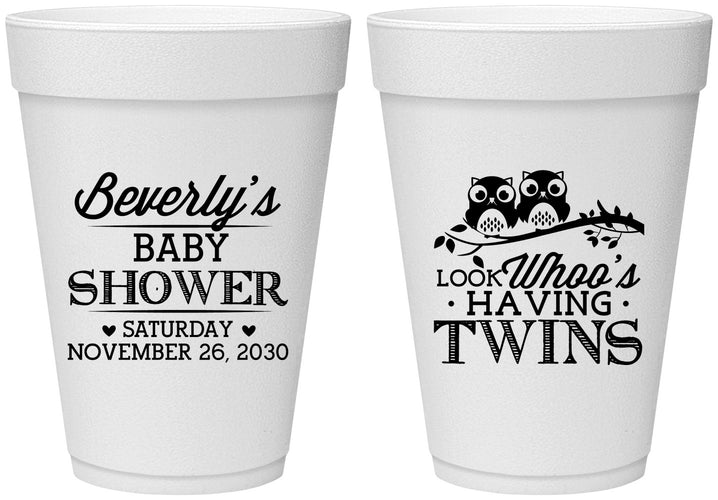 Personalized Baby Shower 16 oz Foam Cups - Twins Baby Owls | 90074