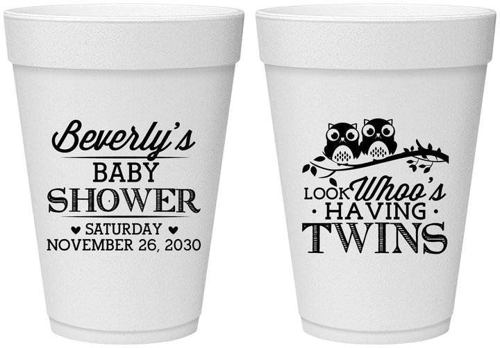 Personalized Baby Shower 16 oz Foam Cups - Twins Baby Owls | 90074