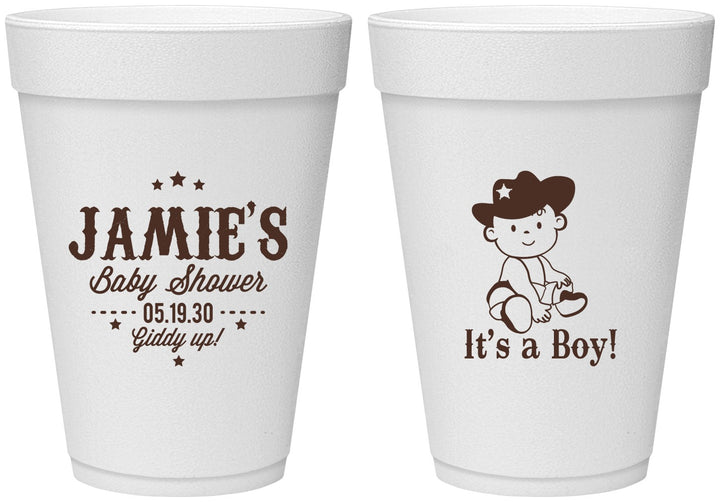 Personalized Baby Shower 16 oz Foam Cups - Cowboy It’s A Boy | 90078