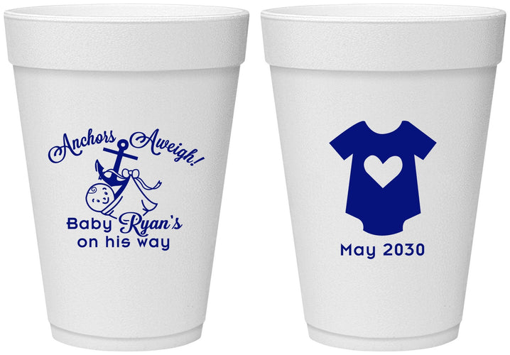 Personalized Baby Shower 16 oz Foam Cups - Nautical Anchors Aweigh | 90083