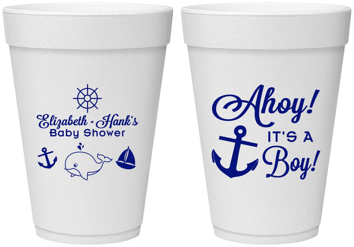 Personalized Baby Shower 16 oz Foam Cups - Nautical Ahoy It’s A Boy | 90093