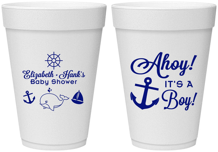 Personalized Baby Shower 16 oz Foam Cups - Nautical Ahoy It’s A Boy | 90093