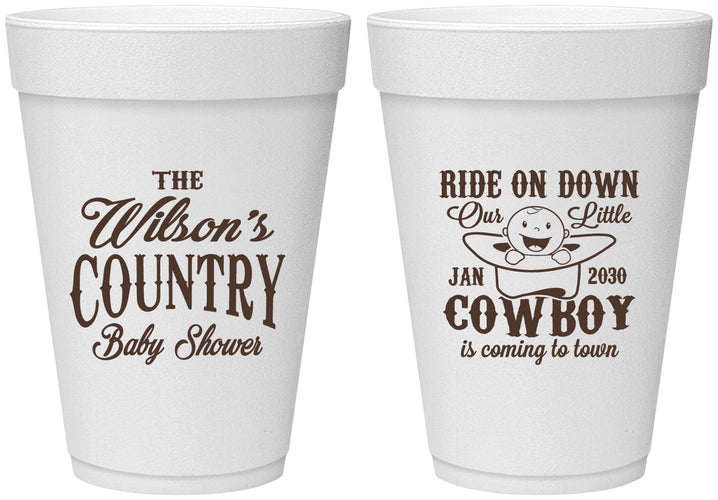 Personalized Baby Shower 16 oz Foam Cups - Cowboy Coming To Town | 90105